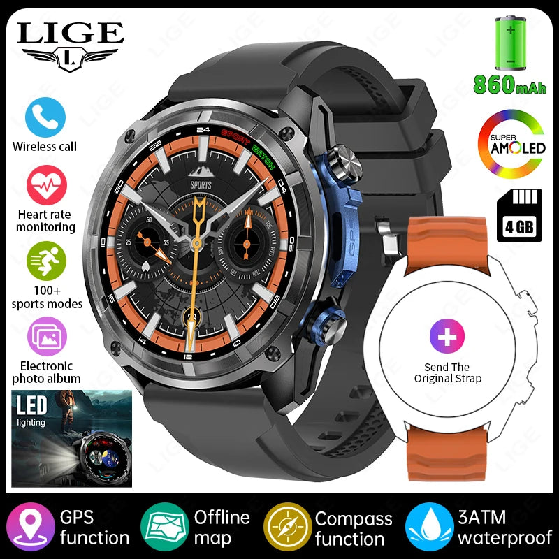 LIGE GPS Offline Map Smart Watch 860mAh Outdoor Sports Compass Altimeter Watches 4GB Memory AMOLED Voice Call 3ATM Men Bracelets