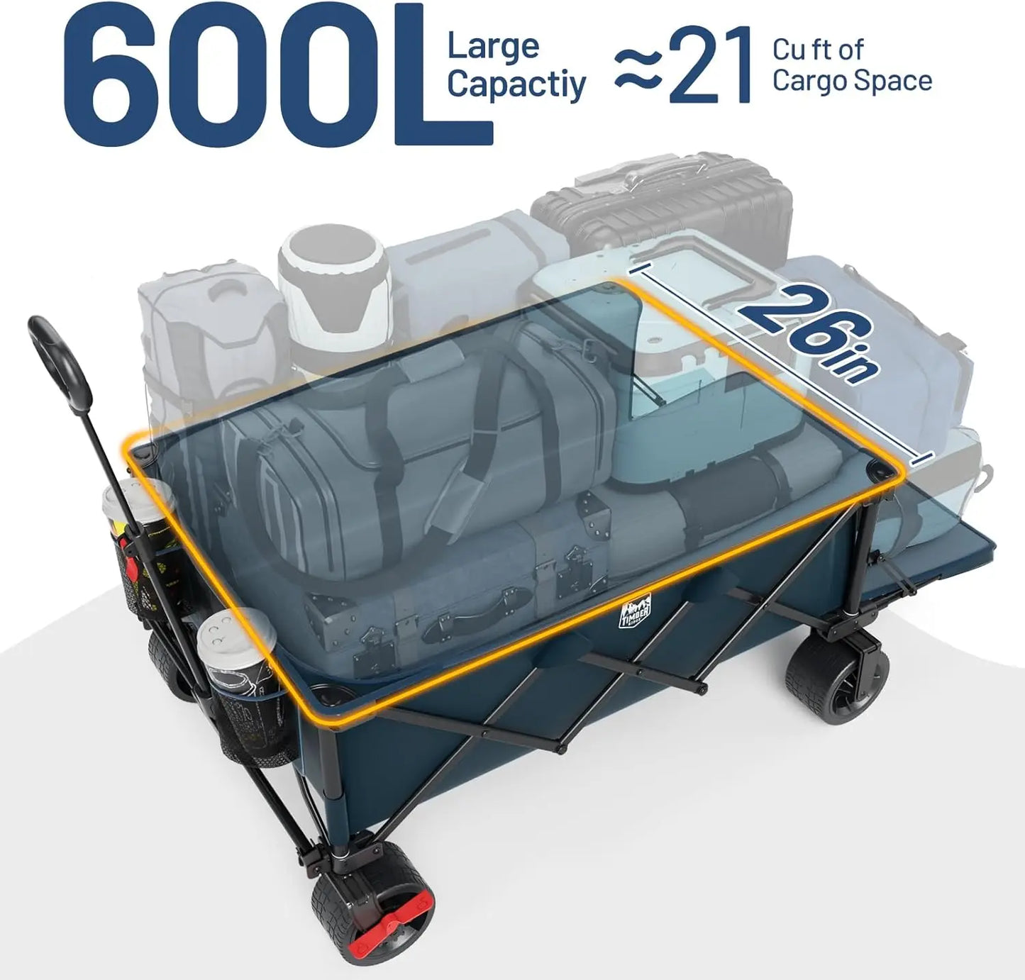600L Beast Wagon 26" W Extra Wide All Terrain Folding w/Big Wheels, Cargo Net & Tailgate, 26" W and 55" L, Capacity and 400lbs H