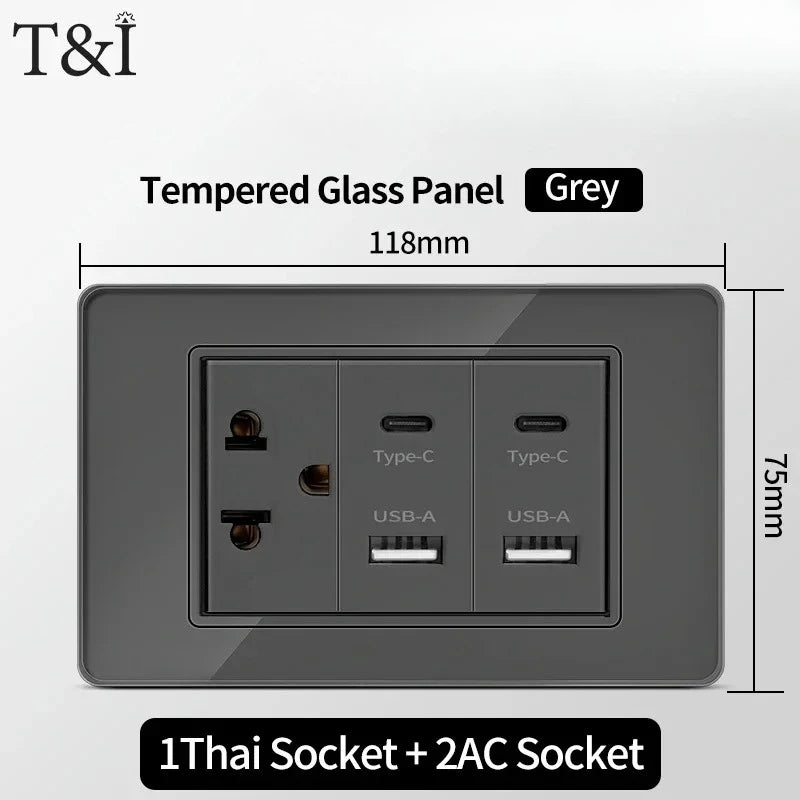 118*75mm Tempered Glass Socket US Wall Socket Thai USB Socket Plug with Dual USB Type-C Ports,Light Switch 110V