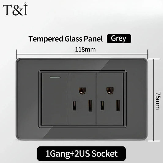 118*75mm Tempered Glass Socket US Wall Socket Thai USB Socket Plug with Dual USB Type-C Ports,Light Switch 110V