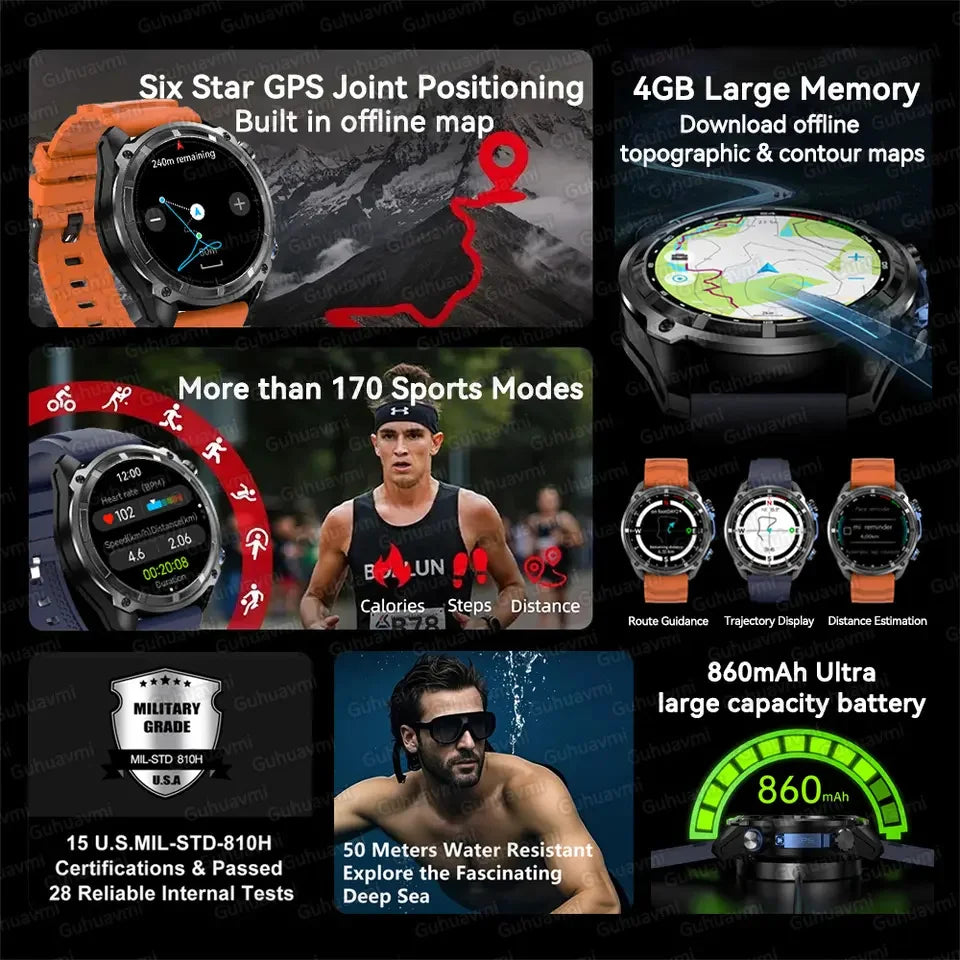 2025 New GPS SmartWatch Offline Maps 4GB Memory Video Player Military Sports Smart bracelet Men 50m Swimming Waterproof Sapphire