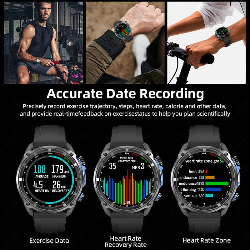 LIGE GPS Offline Map Smart Watch 860mAh Outdoor Sports Compass Altimeter Watches 4GB Memory AMOLED Voice Call 3ATM Men Bracelets
