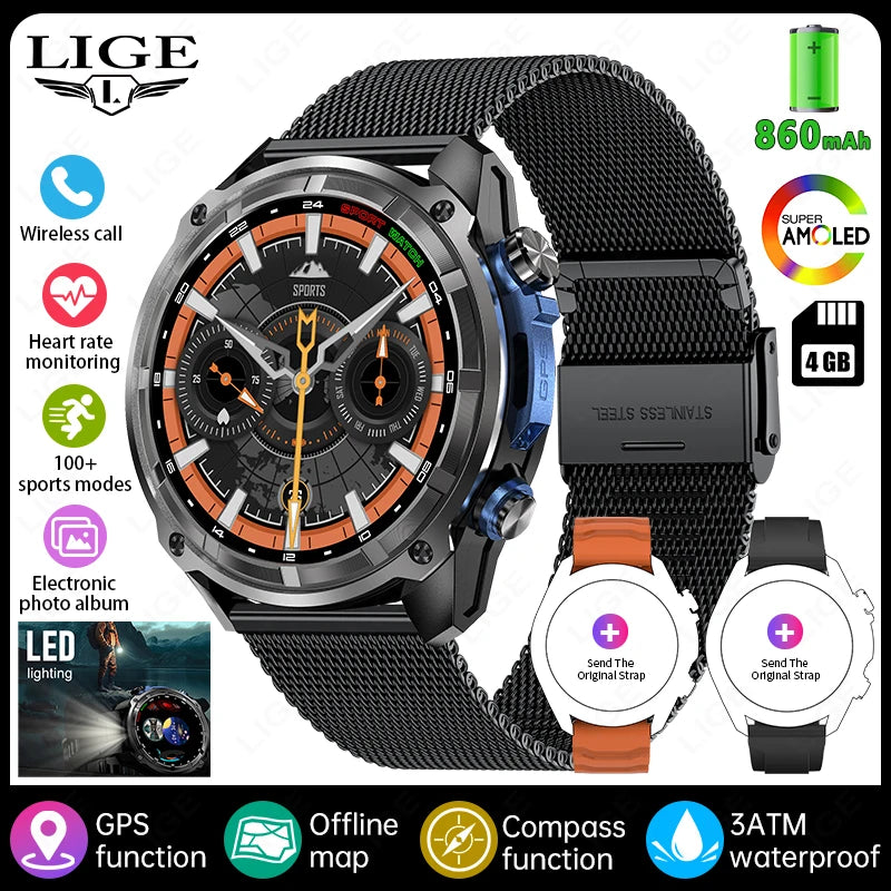 LIGE GPS Offline Map Smart Watch 860mAh Outdoor Sports Compass Altimeter Watches 4GB Memory AMOLED Voice Call 3ATM Men Bracelets