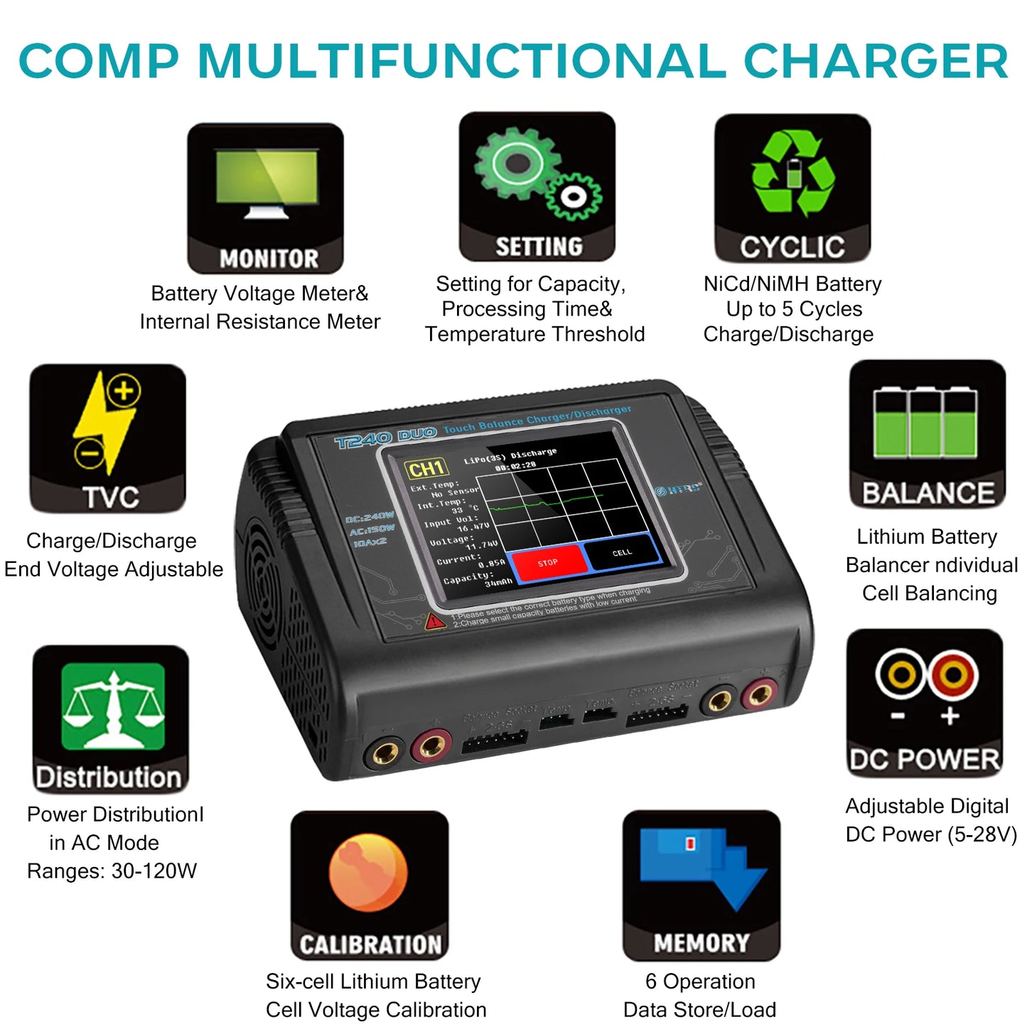 HTRC T240 High Power Battery Charger AC150W DC 240W 10A Dual Channel Touch Screen Lipo Balance Chargers Discharger for RC Models