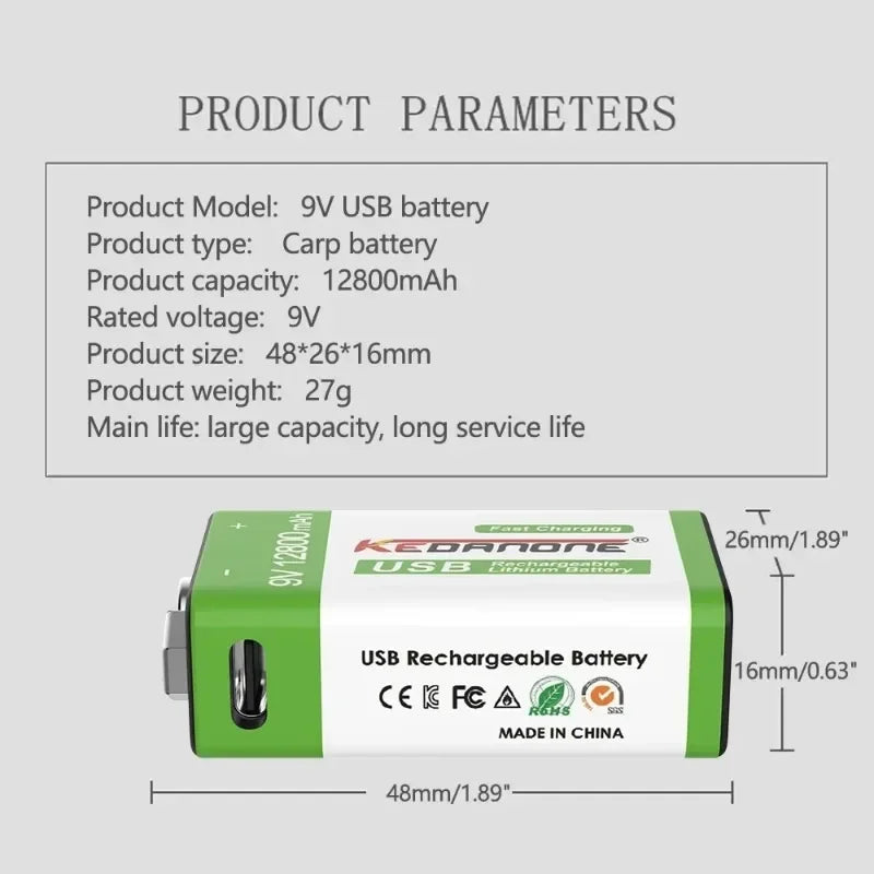 New 9V Rechargeable Battery 12800mAh Micro USB Lithium Batteries for Multimeter Microphone Toy Remote Control KTV Li-ion Battery