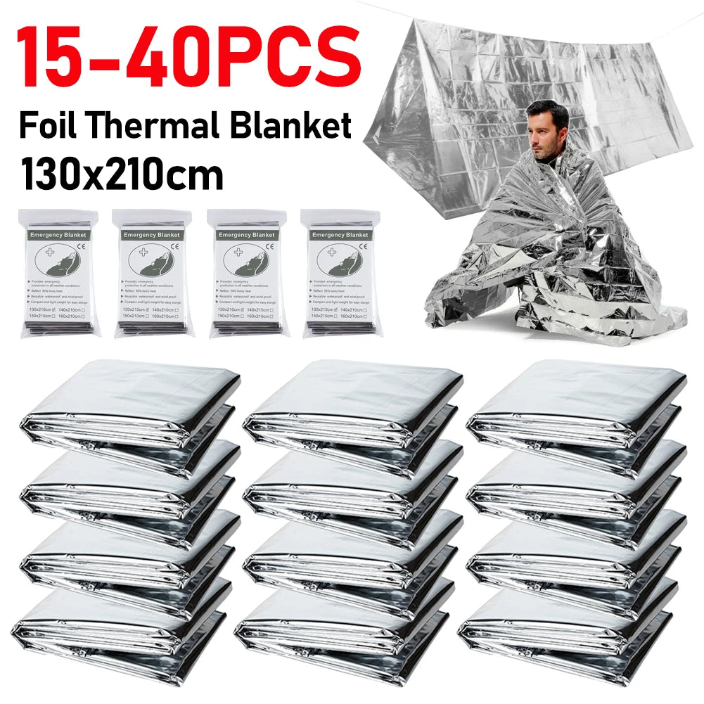 15-40PCS Sliver Emergency Blanket Survival Ourdoor Thermal Rescue For Camping Hiking Travel First Aid Windproof Waterproof Foil