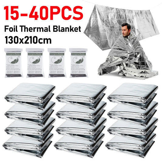 15-40PCS Sliver Emergency Blanket Survival Ourdoor Thermal Rescue For Camping Hiking Travel First Aid Windproof Waterproof Foil