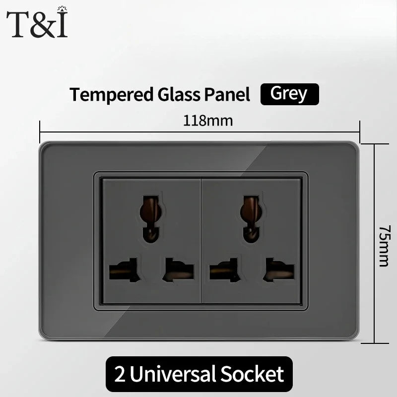 118*75mm Tempered Glass Socket US Wall Socket Thai USB Socket Plug with Dual USB Type-C Ports,Light Switch 110V