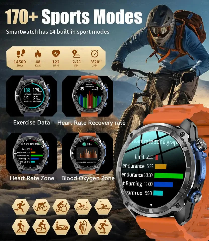 2025 New GPS SmartWatch Offline Maps 4GB Memory Video Player Military Sports Smart bracelet Men 50m Swimming Waterproof Sapphire