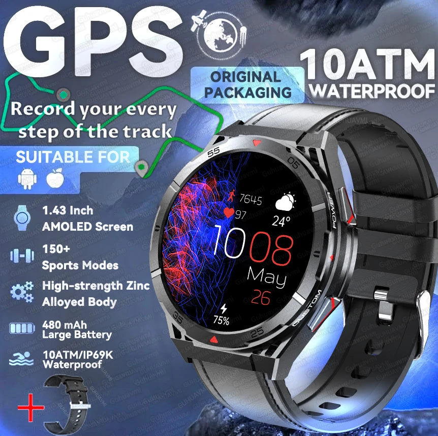 2025 New Dual-Band satellite GPS Smart Watch Men 1.43'' AMOLED Screen Compass Heart Rate BT Call IP69 Waterproof Swimming Watch