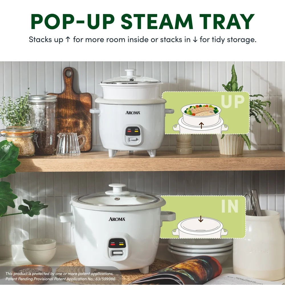 20-Cup Rice Cooker Food Steamer Nonstick Ceramic Automatic Warm Pop-Up Steam Tray Stackable Compact Storage