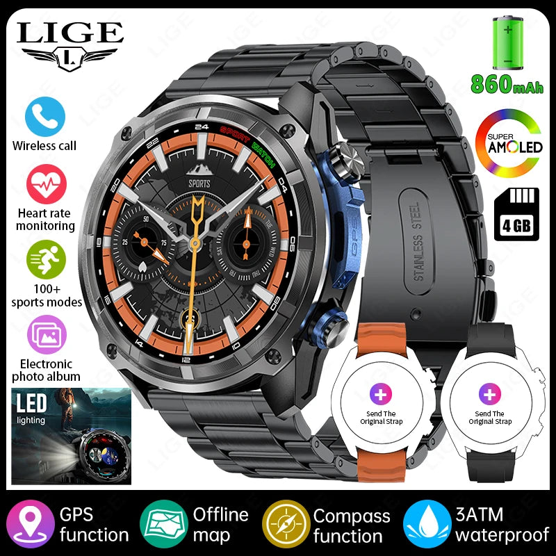 LIGE GPS Offline Map Smart Watch 860mAh Outdoor Sports Compass Altimeter Watches 4GB Memory AMOLED Voice Call 3ATM Men Bracelets