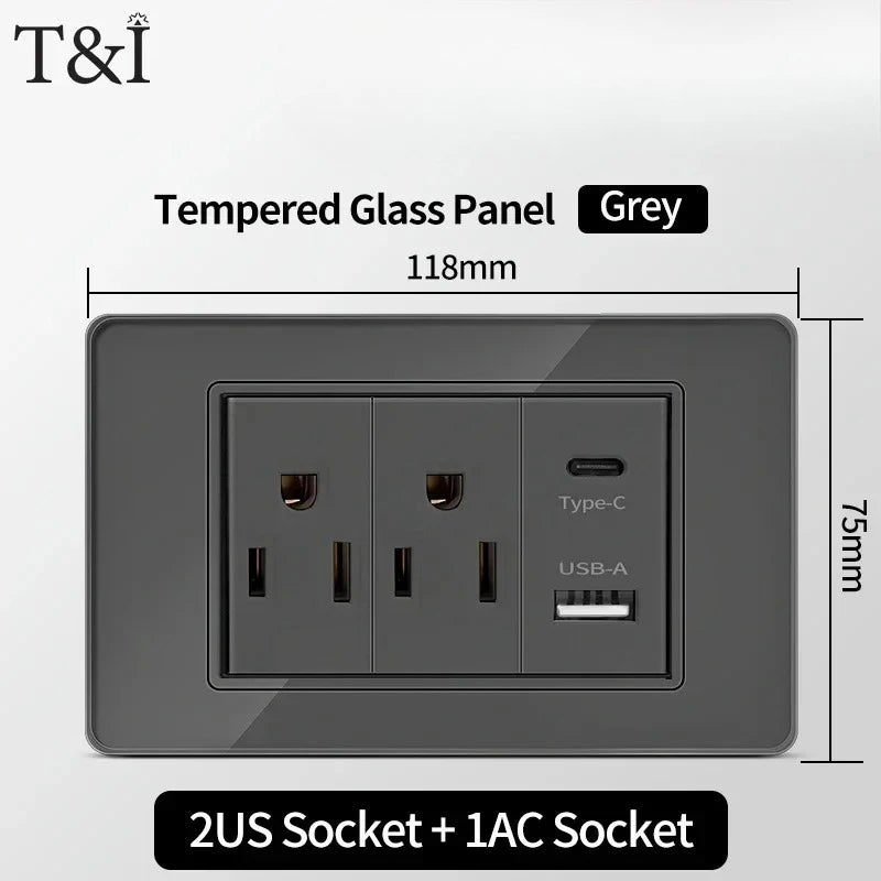 118*75mm Tempered Glass Socket US Wall Socket Thai USB Socket Plug with Dual USB Type-C Ports,Light Switch 110V