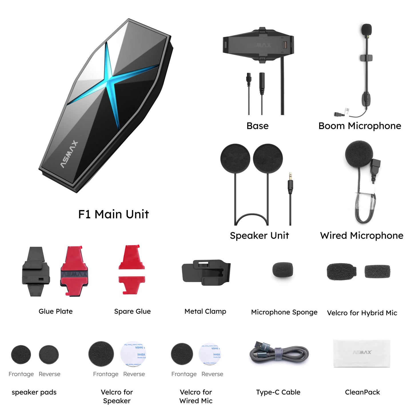 ASMAX F1 Mesh Motorcycle Intercom AI Voice HD 40mm Speakers 1250mAh Battery Pro-Level Helmet Communication System Global version