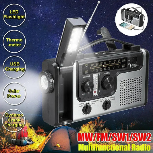 Solar Hand Crank Radio Receiver Mini Portable AM/FM Weather Radio with Multifunctional Flashlight Emergency Power Supply