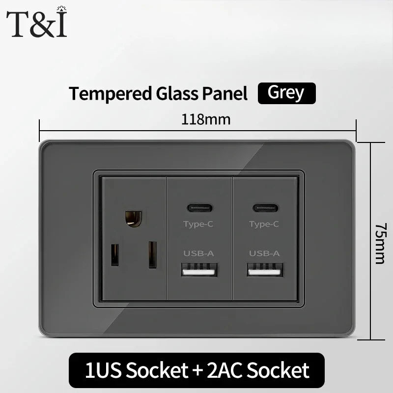 118*75mm Tempered Glass Socket US Wall Socket Thai USB Socket Plug with Dual USB Type-C Ports,Light Switch 110V