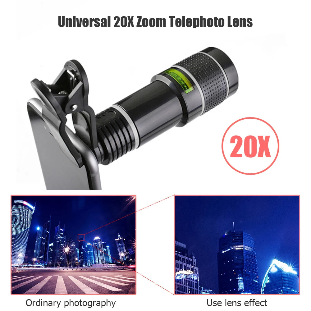 Universal HD 20X Optical Zoom Camera External Telescope Lens with Clip for Mobile Phone for Watch Scenery Game