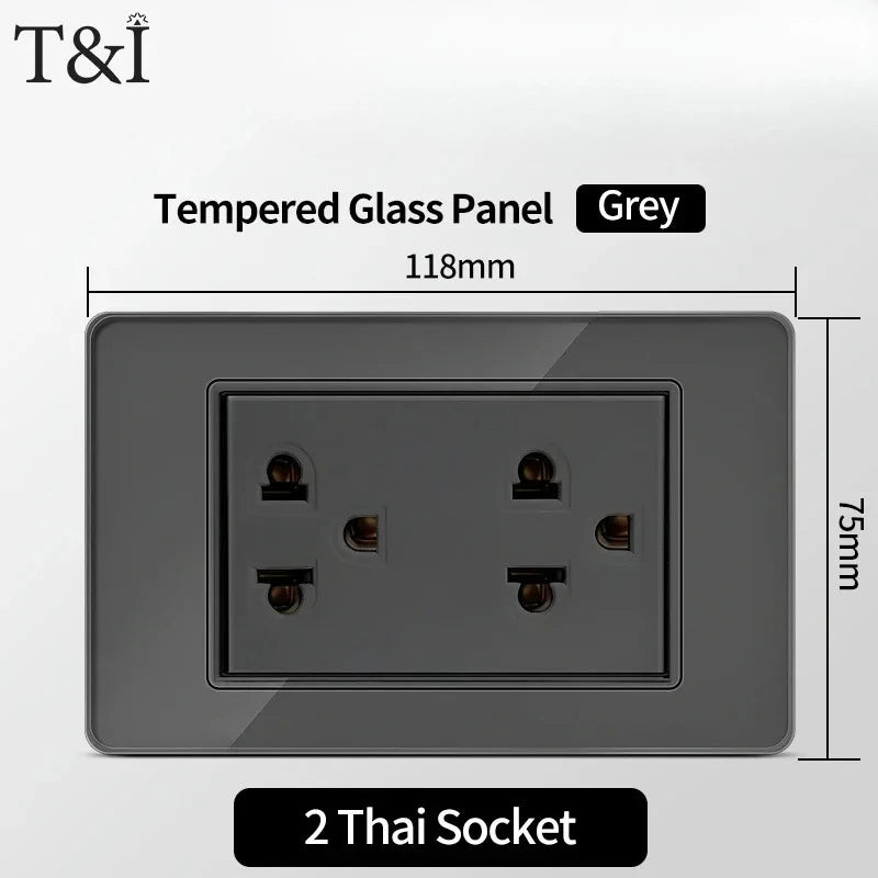 118*75mm Tempered Glass Socket US Wall Socket Thai USB Socket Plug with Dual USB Type-C Ports,Light Switch 110V
