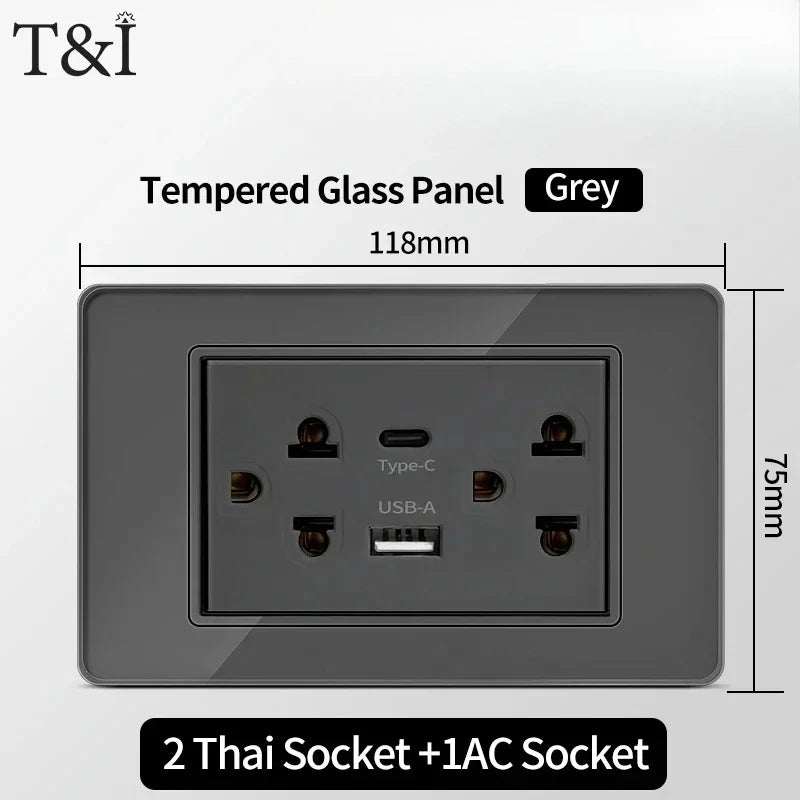118*75mm Tempered Glass Socket US Wall Socket Thai USB Socket Plug with Dual USB Type-C Ports,Light Switch 110V