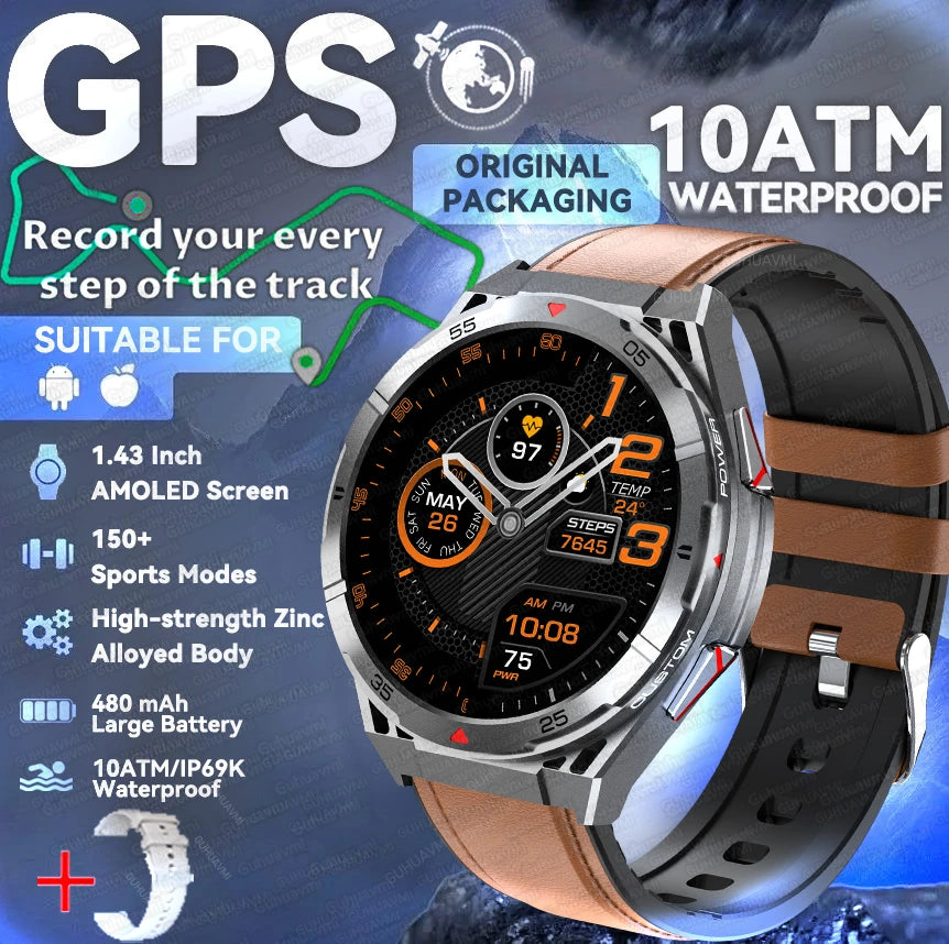 2025 New Dual-Band satellite GPS Smart Watch Men 1.43'' AMOLED Screen Compass Heart Rate BT Call IP69 Waterproof Swimming Watch
