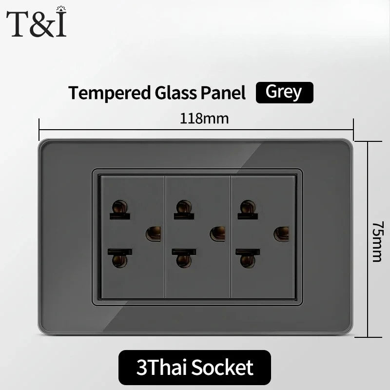 118*75mm Tempered Glass Socket US Wall Socket Thai USB Socket Plug with Dual USB Type-C Ports,Light Switch 110V