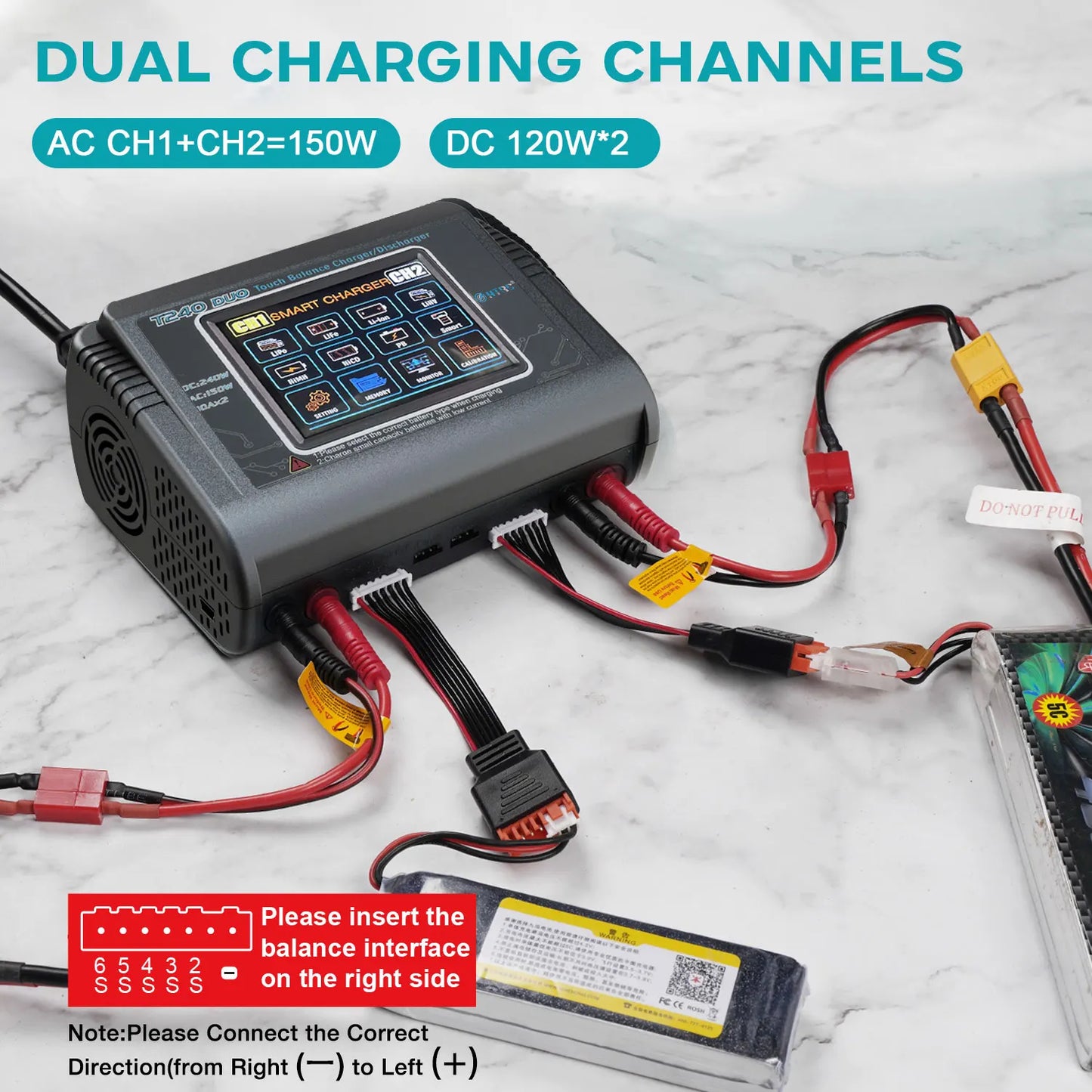HTRC T240 High Power Battery Charger AC150W DC 240W 10A Dual Channel Touch Screen Lipo Balance Chargers Discharger for RC Models