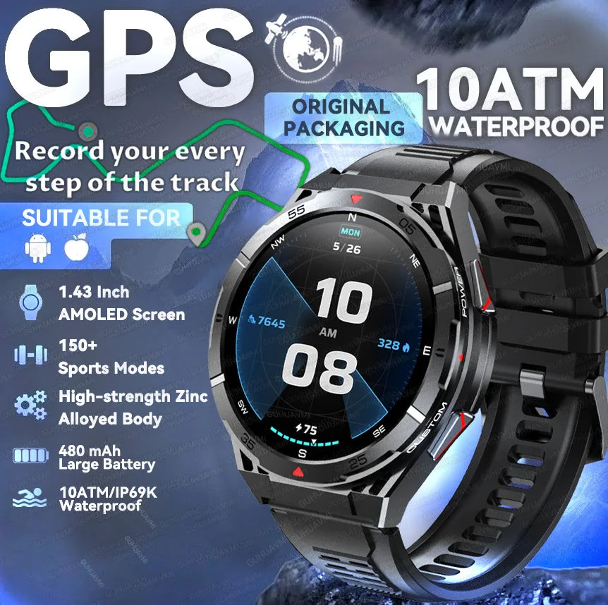 2025 New Dual-Band satellite GPS Smart Watch Men 1.43'' AMOLED Screen Compass Heart Rate BT Call IP69 Waterproof Swimming Watch