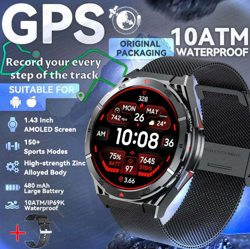 2025 New Dual-Band satellite GPS Smart Watch Men 1.43'' AMOLED Screen Compass Heart Rate BT Call IP69 Waterproof Swimming Watch