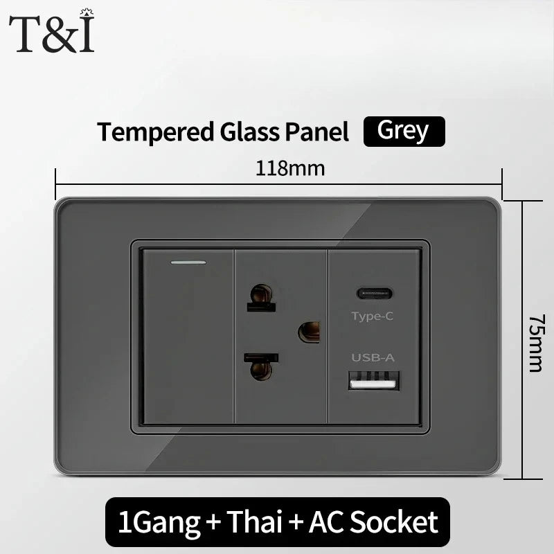 118*75mm Tempered Glass Socket US Wall Socket Thai USB Socket Plug with Dual USB Type-C Ports,Light Switch 110V
