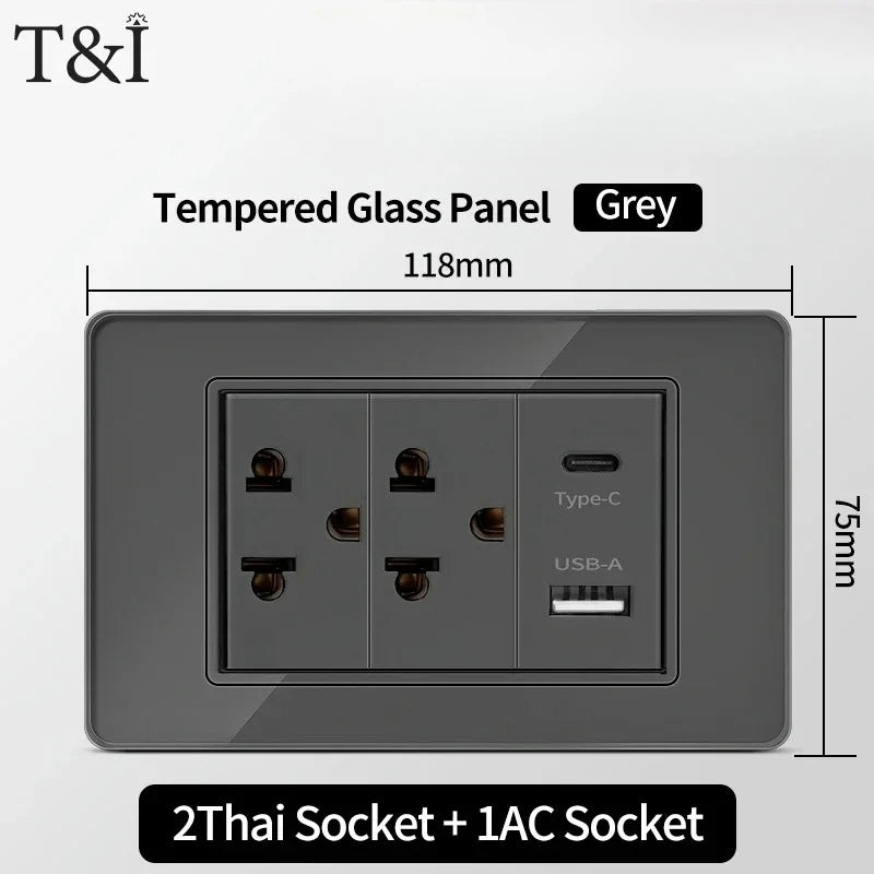 118*75mm Tempered Glass Socket US Wall Socket Thai USB Socket Plug with Dual USB Type-C Ports,Light Switch 110V