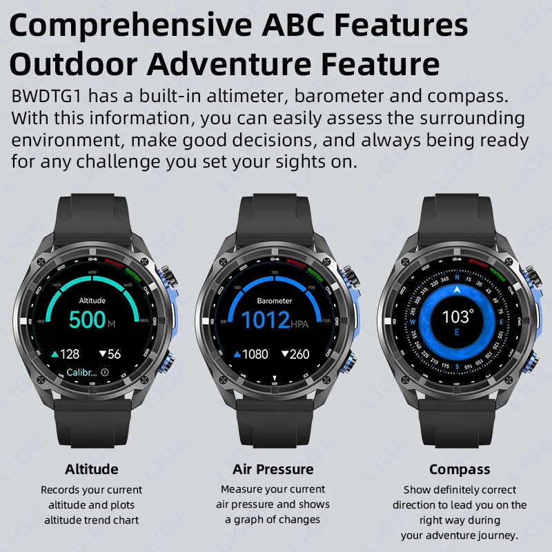 LIGE GPS Offline Map Smart Watch 860mAh Outdoor Sports Compass Altimeter Watches 4GB Memory AMOLED Voice Call 3ATM Men Bracelets