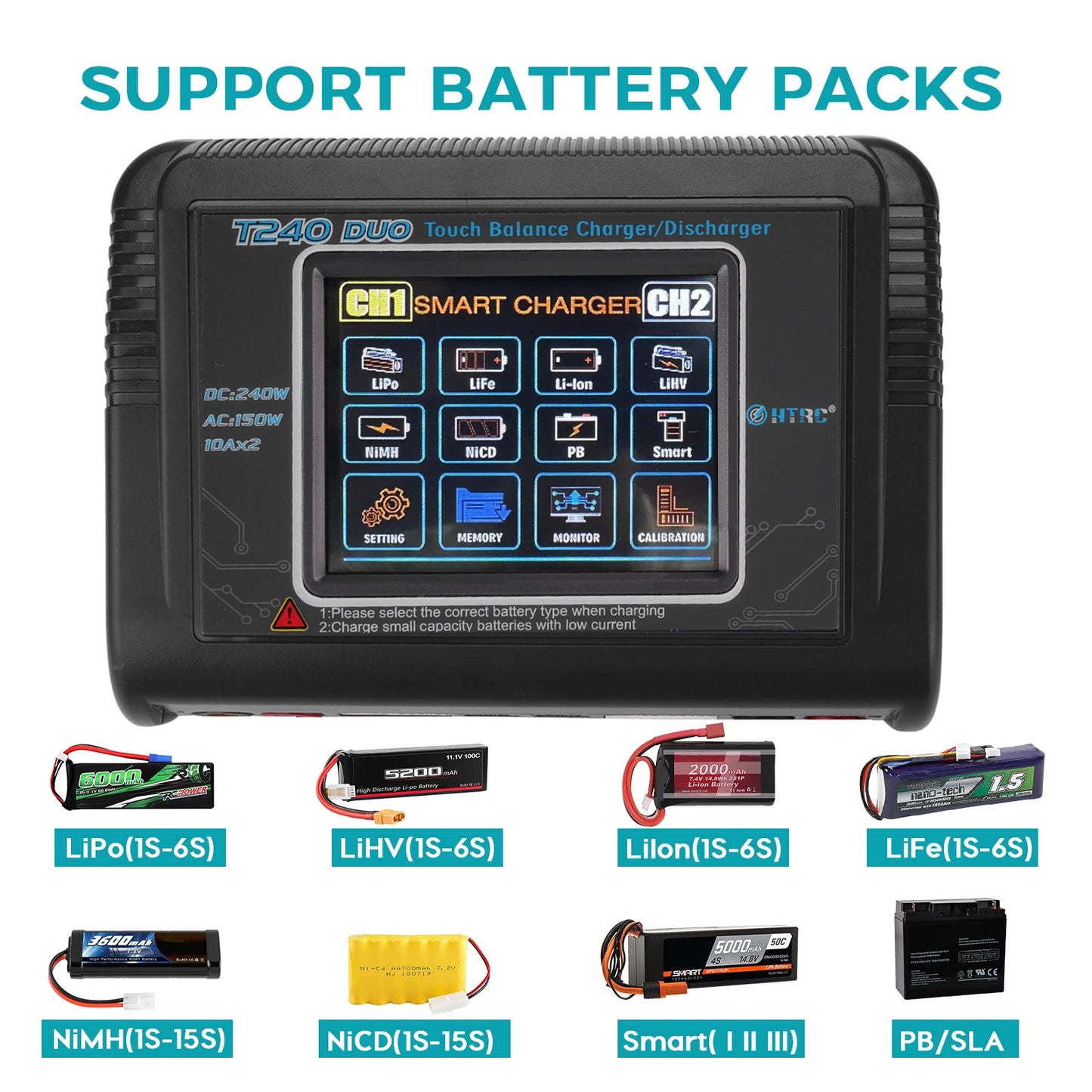 HTRC T240 High Power Battery Charger AC150W DC 240W 10A Dual Channel Touch Screen Lipo Balance Chargers Discharger for RC Models
