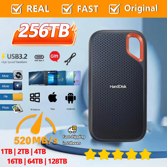 1TB External Hard Drive 4TB Portable SSD 2TB Original High Speed Hard Disk 256TB USB3.1 Solid State Disk for Laptop/Phone/MAC/PC