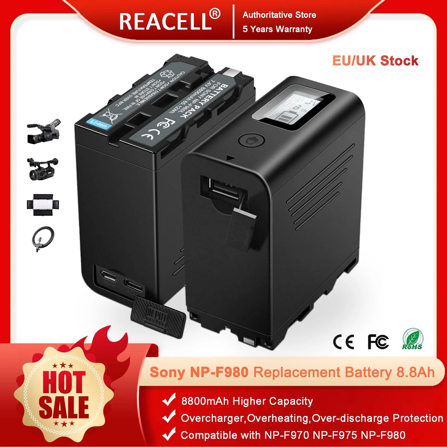 REACELL 2Pack NP-F970 Battery for Sony NP-F Battery NP-F970 NP-F975 NP-F980 NP-F960 NP-F770 NP-F750 NP-F550,with Micro USB Cable