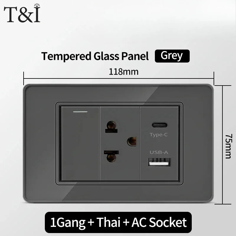 118*75mm Tempered Glass Socket US Wall Socket Thai USB Socket Plug with Dual USB Type-C Ports,Light Switch 110V
