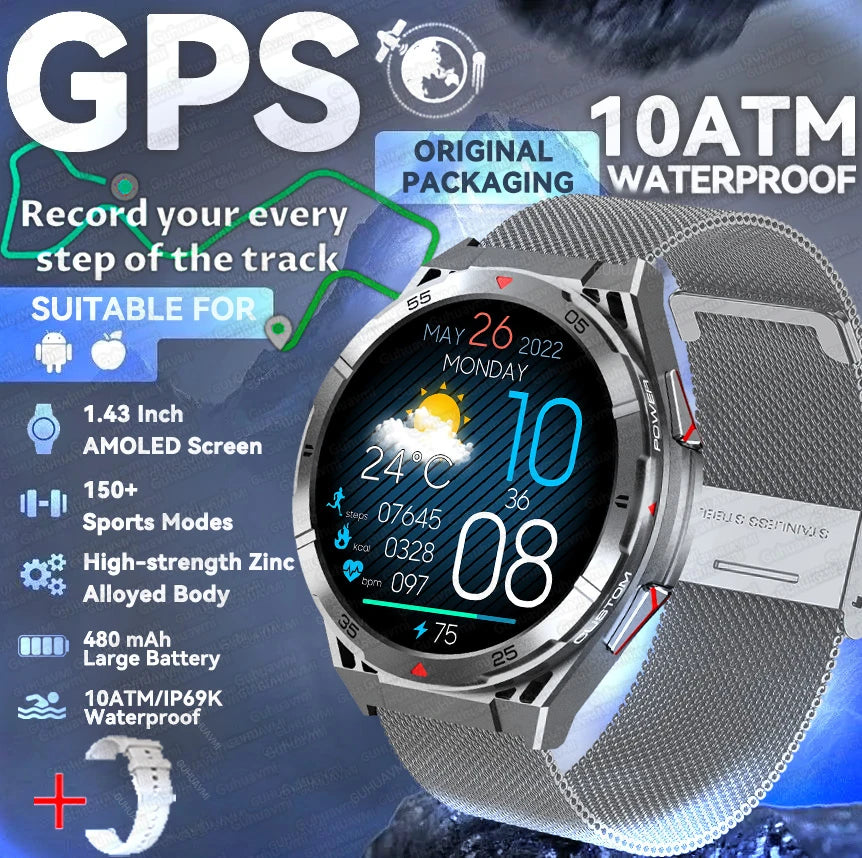 2025 New Dual-Band satellite GPS Smart Watch Men 1.43'' AMOLED Screen Compass Heart Rate BT Call IP69 Waterproof Swimming Watch