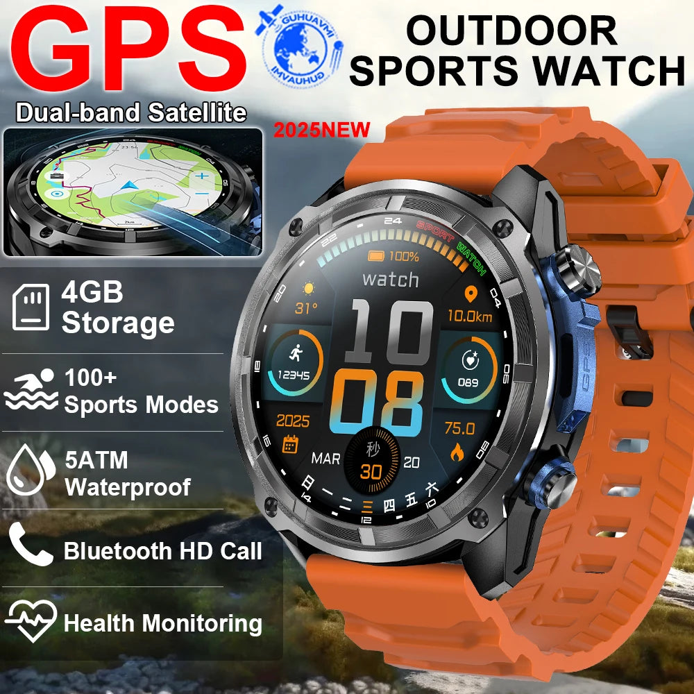 2025 New GPS SmartWatch Offline Maps 4GB Memory Video Player Military Sports Smart bracelet Men 50m Swimming Waterproof Sapphire