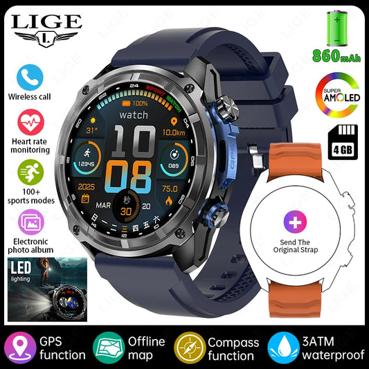LIGE GPS Offline Map Smart Watch 860mAh Outdoor Sports Compass Altimeter Watches 4GB Memory AMOLED Voice Call 3ATM Men Bracelets