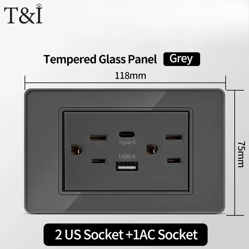 118*75mm Tempered Glass Socket US Wall Socket Thai USB Socket Plug with Dual USB Type-C Ports,Light Switch 110V