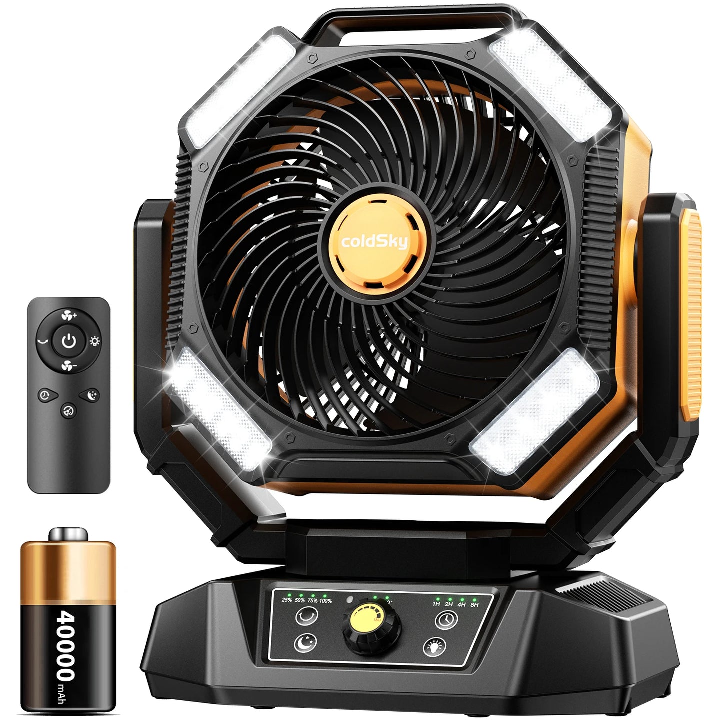40000mAh Battery Operated Fan Portable Camping Fan with 4 LED Lantern 8 Speeds Desk Fan Remote Portable Rechargeable Outdoor Fan