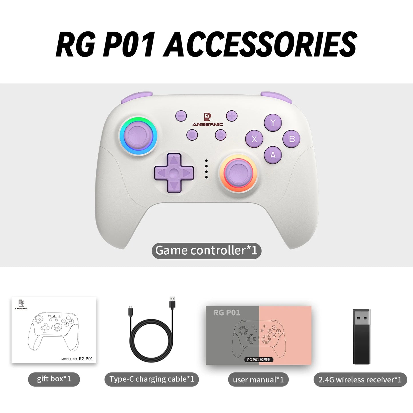ANBERNIC RG P01 Retro Games Controller Wired/Wireless Bluetooth RGB Hall Effect Joystick XBOX Gamepad for PC Android IOS Steam