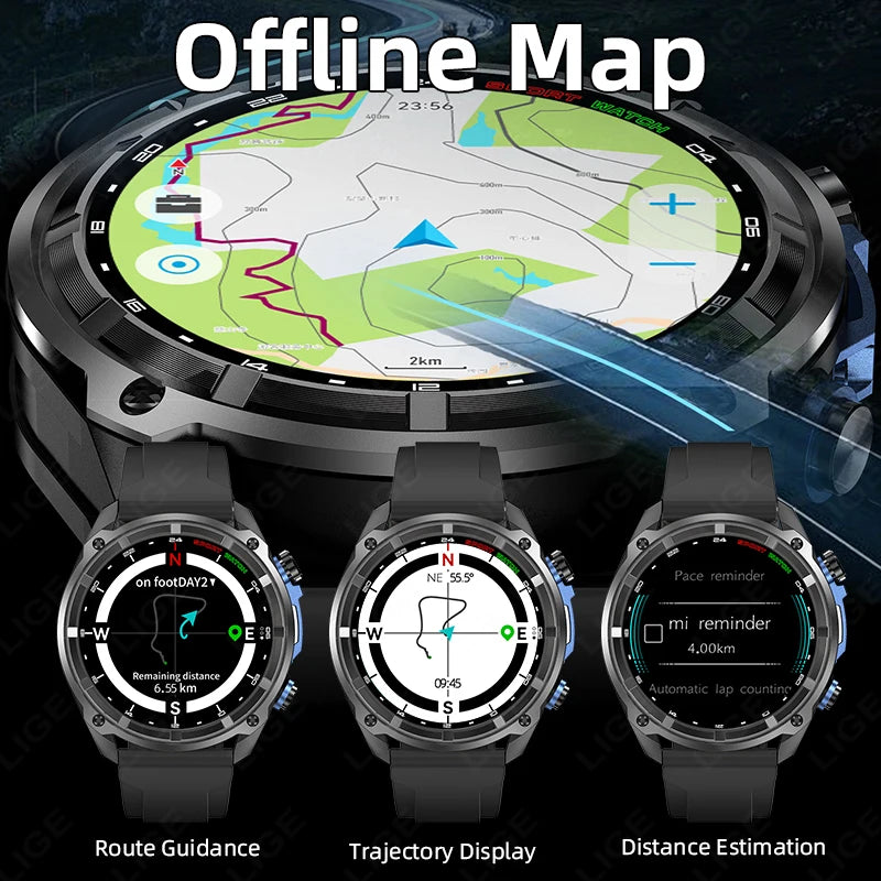 LIGE GPS Offline Map Smart Watch 860mAh Outdoor Sports Compass Altimeter Watches 4GB Memory AMOLED Voice Call 3ATM Men Bracelets