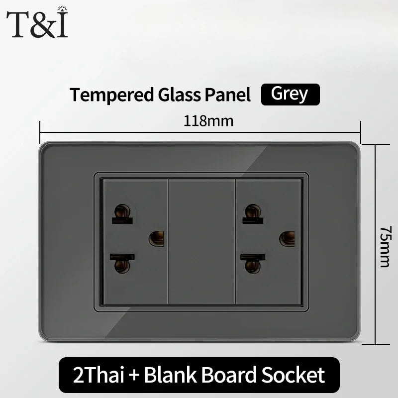 118*75mm Tempered Glass Socket US Wall Socket Thai USB Socket Plug with Dual USB Type-C Ports,Light Switch 110V