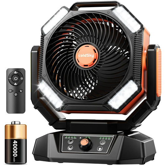 40000mAh Battery Operated Fan Portable Camping Fan with 4 LED Lantern 8 Speeds Desk Fan Remote Portable Rechargeable Outdoor Fan