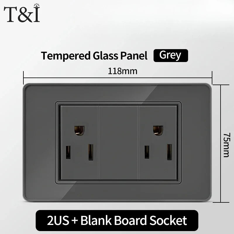 118*75mm Tempered Glass Socket US Wall Socket Thai USB Socket Plug with Dual USB Type-C Ports,Light Switch 110V
