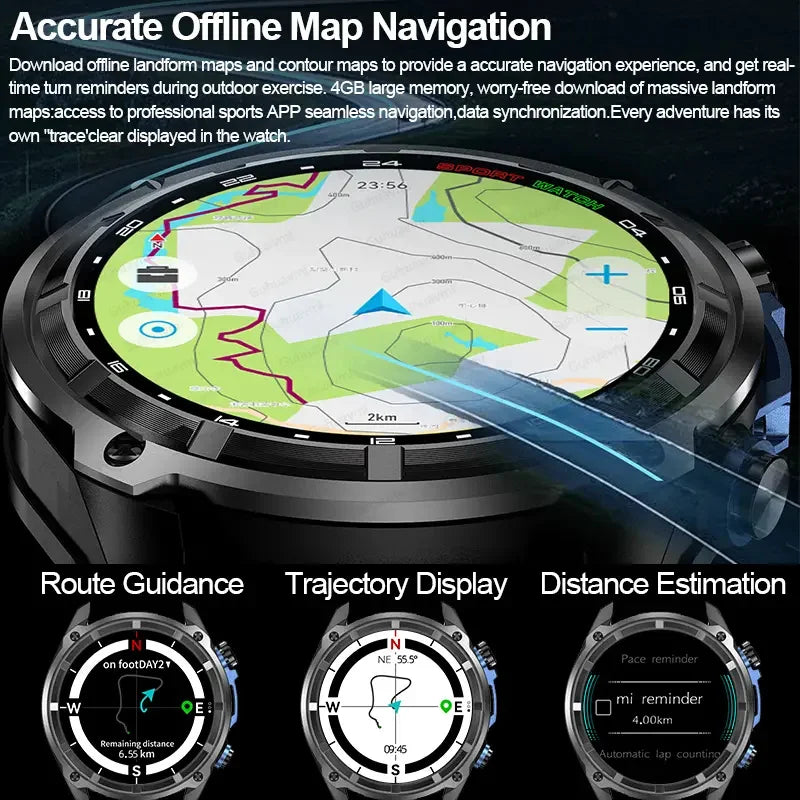 2025 New GPS SmartWatch Offline Maps 4GB Memory Video Player Military Sports Smart bracelet Men 50m Swimming Waterproof Sapphire