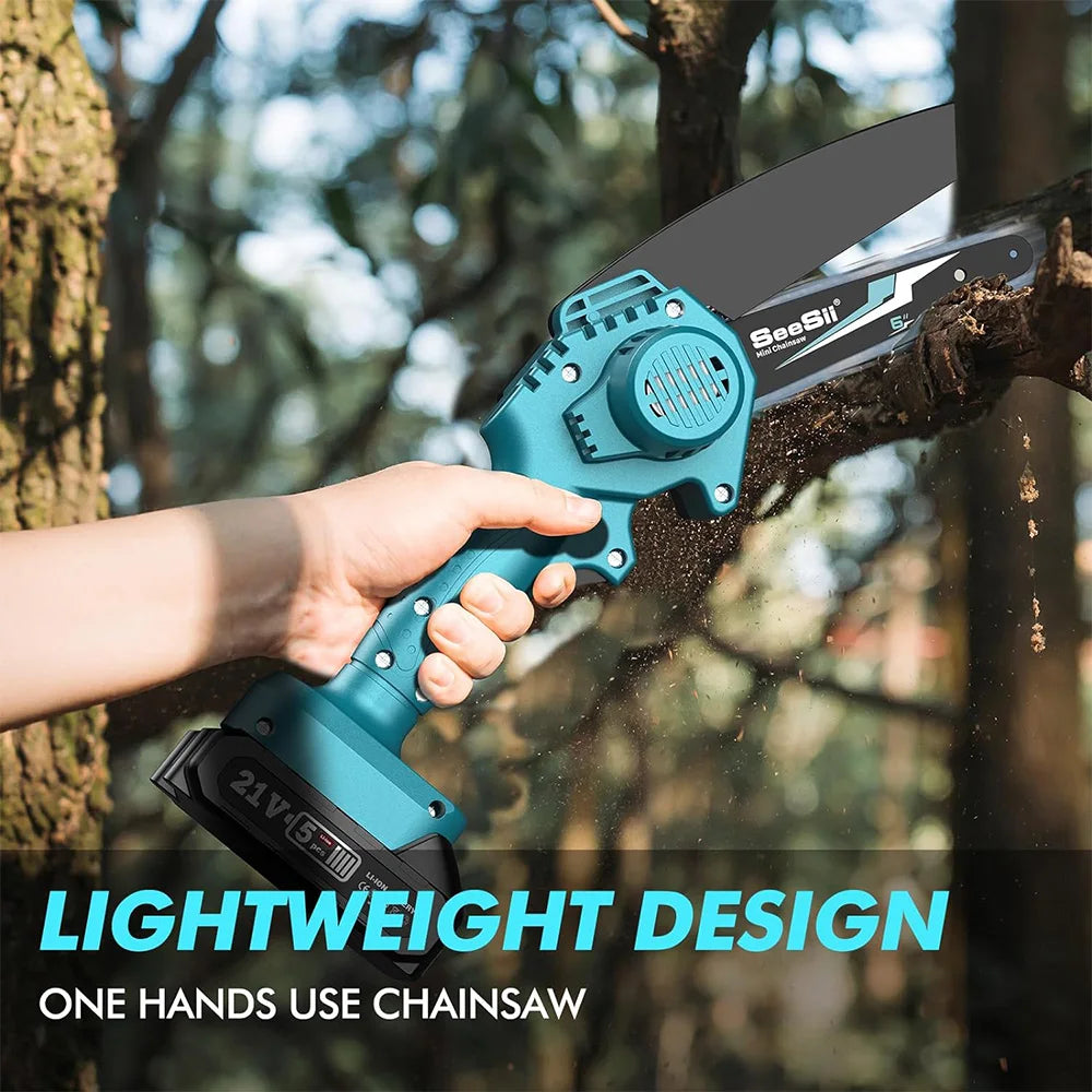 Seesii 6-inch Cordless Mini Chainsaw Electric Power Chain Saw Tree Trimming Wood Cutting for Makita 18V Battery pin