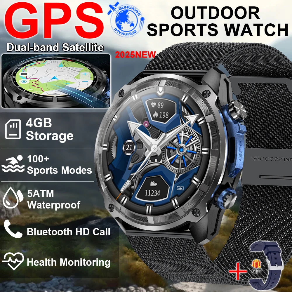 2025 New GPS SmartWatch Offline Maps 4GB Memory Video Player Military Sports Smart bracelet Men 50m Swimming Waterproof Sapphire