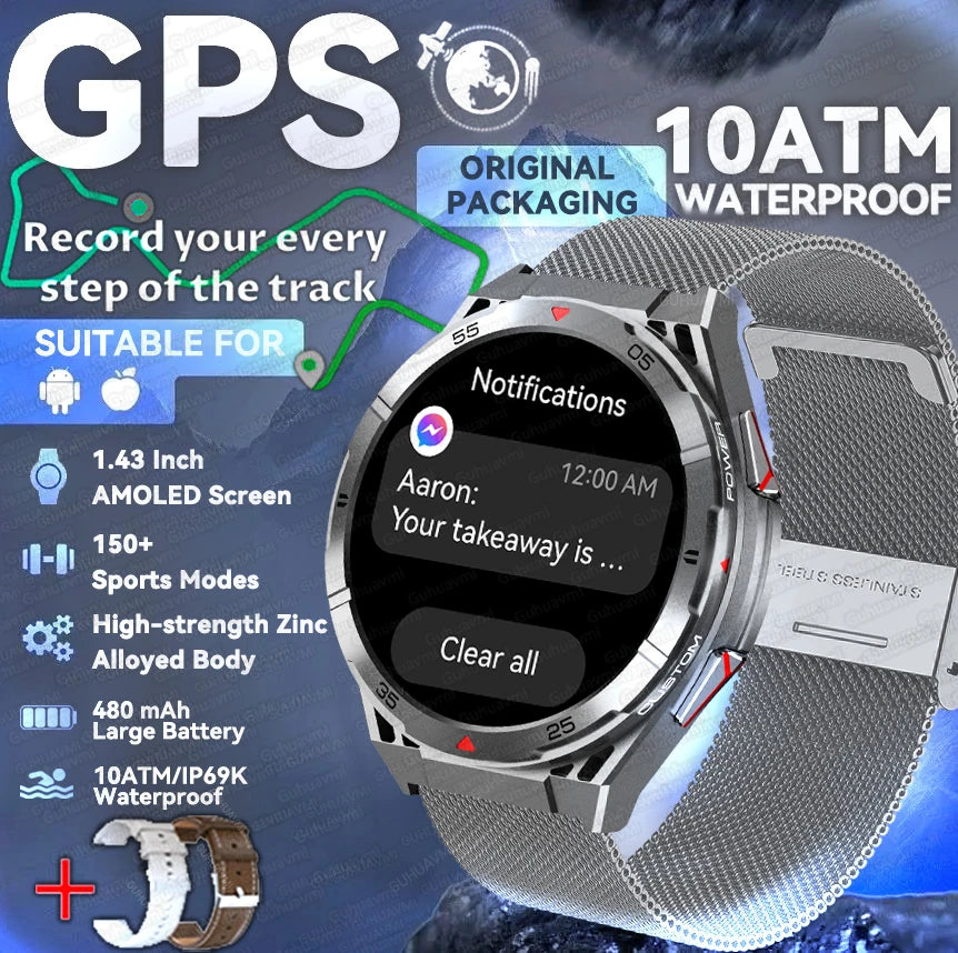 2025 New Dual-Band satellite GPS Smart Watch Men 1.43'' AMOLED Screen Compass Heart Rate BT Call IP69 Waterproof Swimming Watch