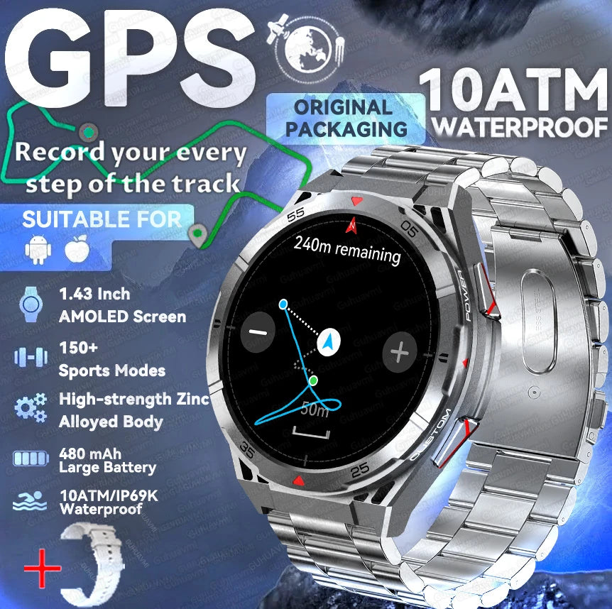 2025 New Dual-Band satellite GPS Smart Watch Men 1.43'' AMOLED Screen Compass Heart Rate BT Call IP69 Waterproof Swimming Watch